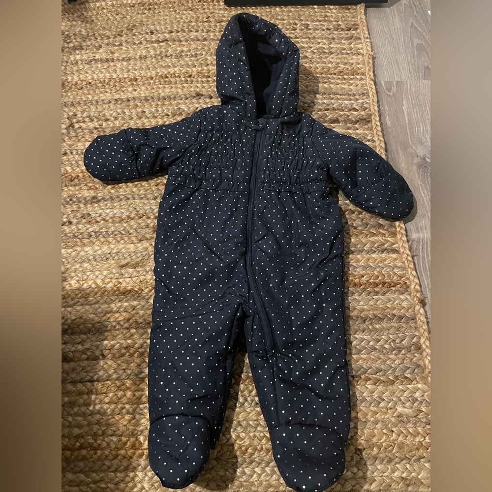 One piece snow suit with metallic polka dots